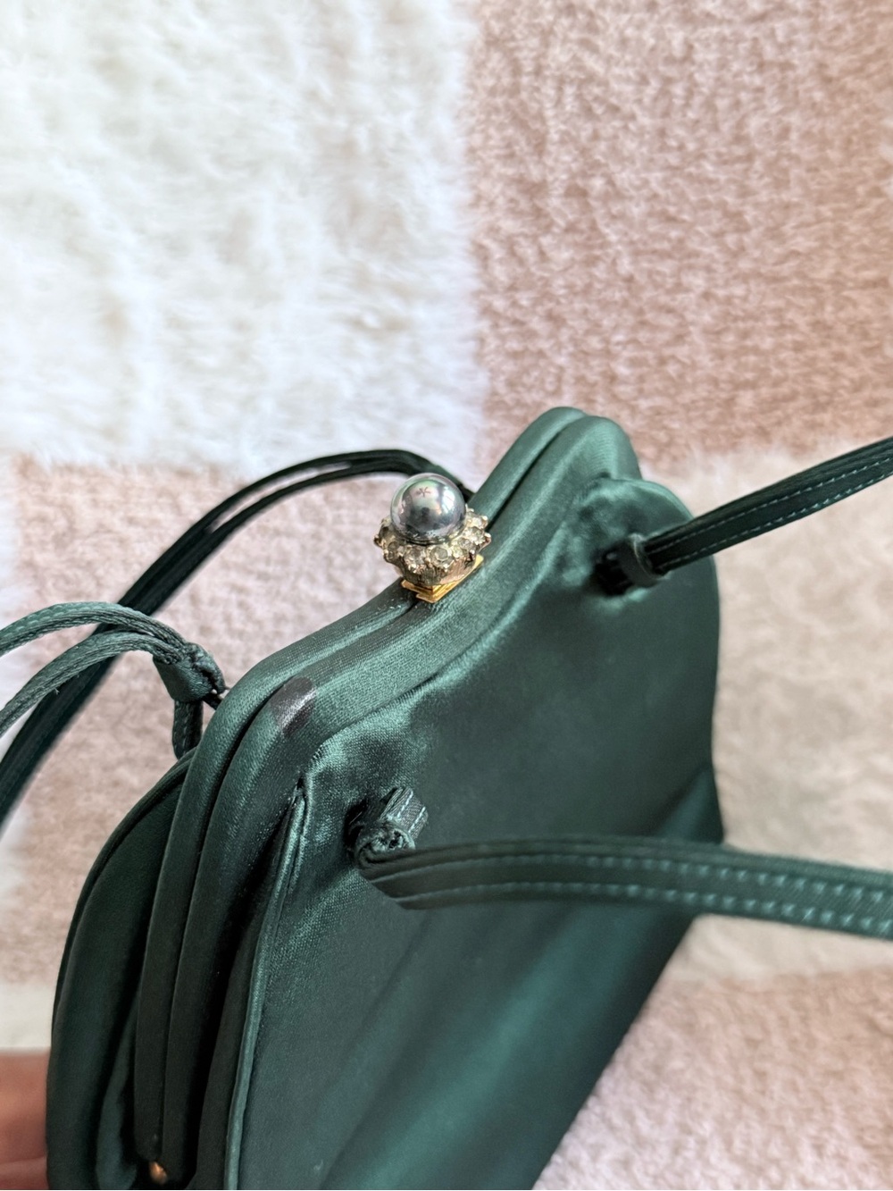 Judith Leiber Forest Green Satin Occasion Bag Crystal Pearl Closure NWT - Picture 2 of 6